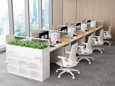 Modern Office Desks In Open Workspace With White Chairs Green Plants And City View 3d model