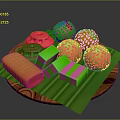Colorful Desserts With Sesame Round Balls Square Cakes On Wooden Tray With Green Leaves