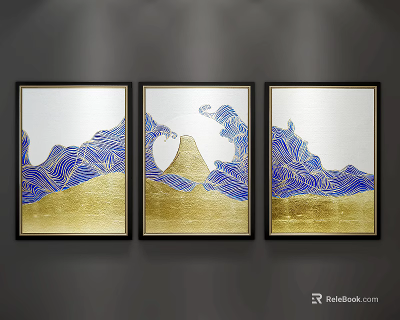 Abstract Triptych Wall Art With Blue Waves And Golden Mountain Design 3d model