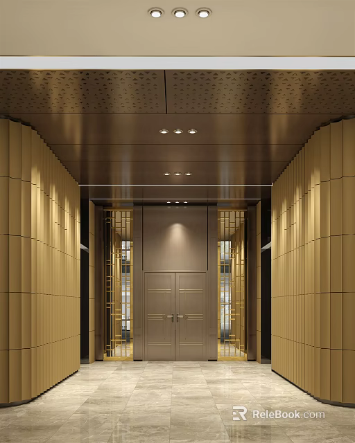 Modern Elevator Lobby With Perforated Metal Ceiling And Wooden Panel Walls 3d model 