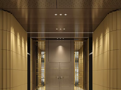 Modern Elevator Lobby With Perforated Metal Ceiling And Wooden Panel Walls 3d model