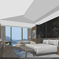 Luxurious Hotel Guest Room With King Bed Floor to Ceiling Windows and Chinese Style Decorative Art