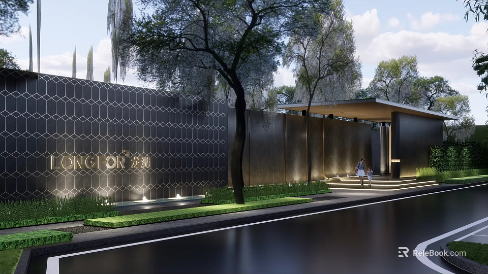 Modern Garden Landscape With Hexagonal Textured Wall Green Trees And Luxury Entrance 3d model 