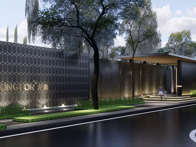 Modern Garden Landscape With Hexagonal Textured Wall Green Trees And Luxury Entrance 3d model