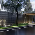 Modern Garden Landscape With Hexagonal Textured Wall Green Trees And Luxury Entrance