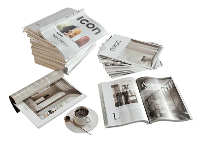 Stacked Icon Magazines With Open Interior Design Pages And Coffee Cup 3d model