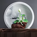 Natural Wood Console Table With White Lotus Plant And Round Decorative Painting