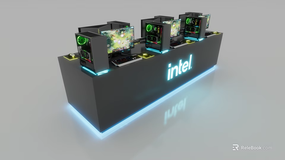 Modern Computer Exhibition Stand With Multiple PCs Monitors Intel Logo And LED Lights 3d model