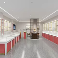 Modern Retail Store Interior With Red White Counters TV Screen And Decorative Art 3d model