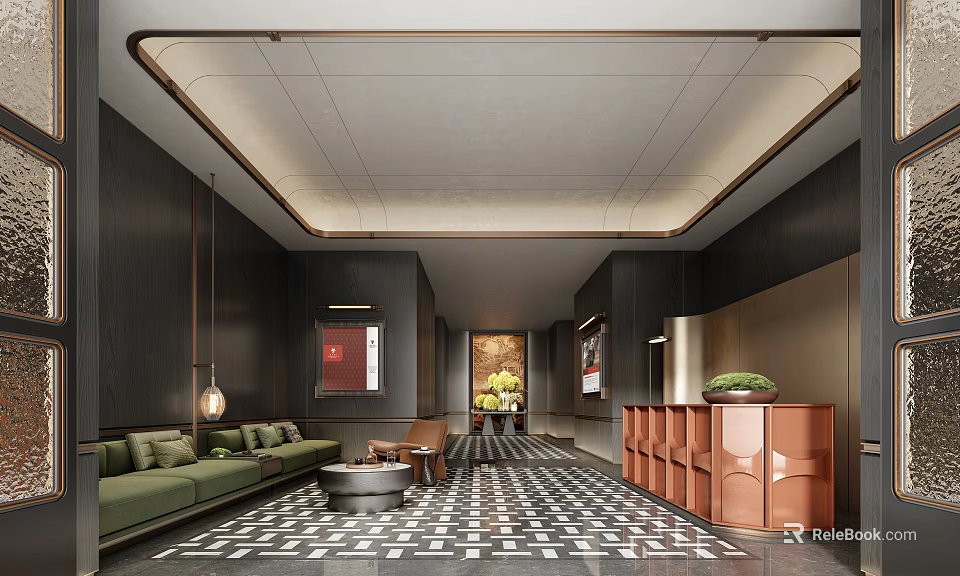 Elegant Hotel Lobby Interior With Green Sofa Brown Reception Desk Hanging Lamps And Patterned Floor 3d model 