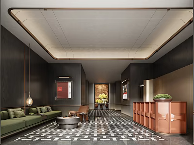 Elegant Hotel Lobby Interior With Green Sofa Brown Reception Desk Hanging Lamps And Patterned Floor 3d model