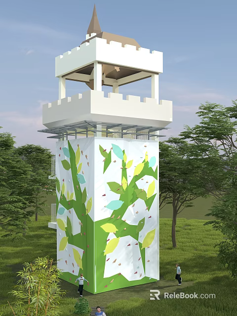 Outdoor Sports Equipment Climbing Wall With Painted Leaf Patterns On Tower Surrounded By Green Trees And Grass 3d model 