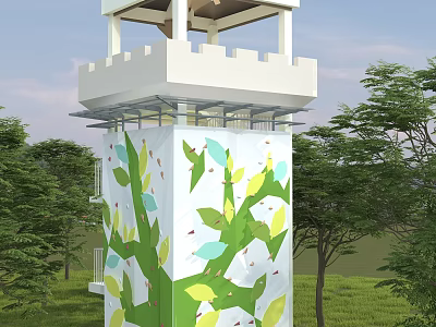 Outdoor Sports Equipment Climbing Wall With Painted Leaf Patterns On Tower Surrounded By Green Trees And Grass 3d model