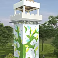 Outdoor Sports Equipment Climbing Wall With Painted Leaf Patterns On Tower Surrounded By Green Trees And Grass