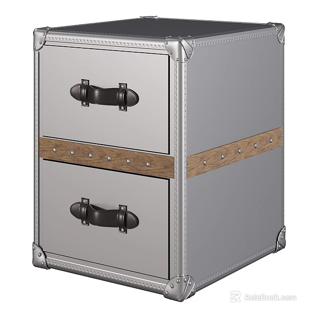 Silver Metal Storage Cabinet Featuring Two Drawers Wooden Trim And Black Handles 3d model 