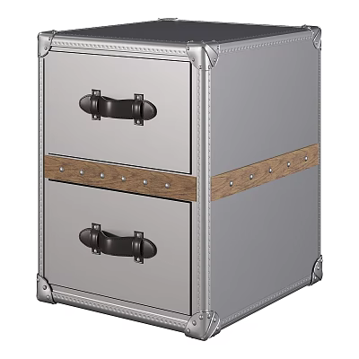 Silver Metal Storage Cabinet Featuring Two Drawers Wooden Trim And Black Handles 3d model