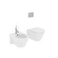 Wall Mounted White Toilet With Adjacent Sink And Control Panel In Modern Gray Bathroom