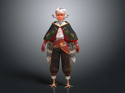 Fantasy Character Outfit With White Hair Colorful Embroidered Black Cape And Bird Like Feet 3d model