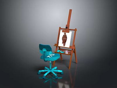 Wooden Easel With Animal Painting And Blue Chair In Art Studio 3d model