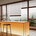 Modern Restaurant Bar Counter With Two Stools Large Windows Wooden Blinds Overlooking Mountain View