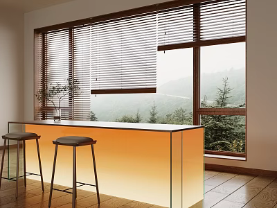Modern Restaurant Bar Counter With Two Stools Large Windows Wooden Blinds Overlooking Mountain View 3d model