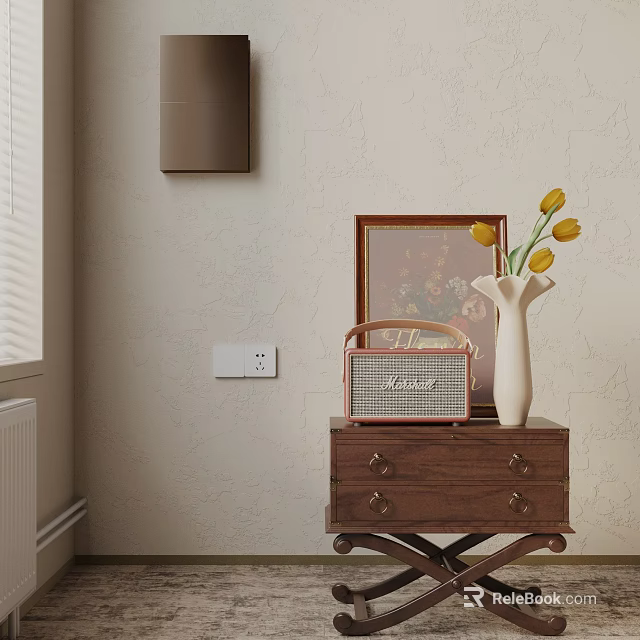 Wooden Side Table with Drawers Featuring Vintage Radio Vase Yellow Tulips and Picture Frame 3d model 