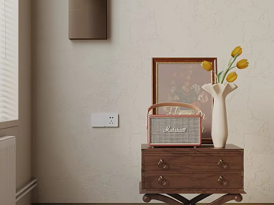 Wooden Side Table with Drawers Featuring Vintage Radio Vase Yellow Tulips and Picture Frame 3d model