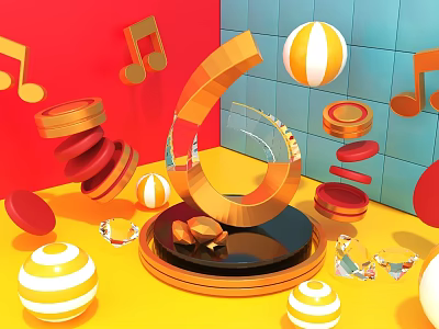 Art Installation Featuring Musical Notes Golden Ring Structure Striped Balls Red Gold Discs and Crystals 3d model