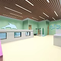 Ocean Themed Shopping Mall Store With Blue Walls Wave Patterns And Glass Display Cases
