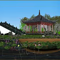 Scenic Landscape Bridge With Traditional Pagoda Willow Trees Pink Flowering Trees And Lotus Pond