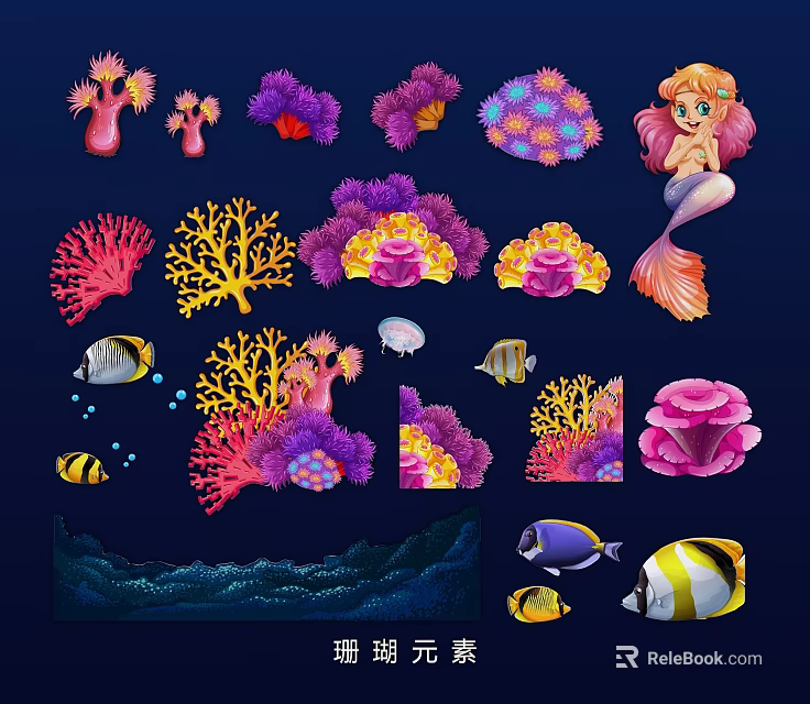 Colorful Ocean Themed Wall Decor With Coral Fish And Mermaid Elements 3d model 