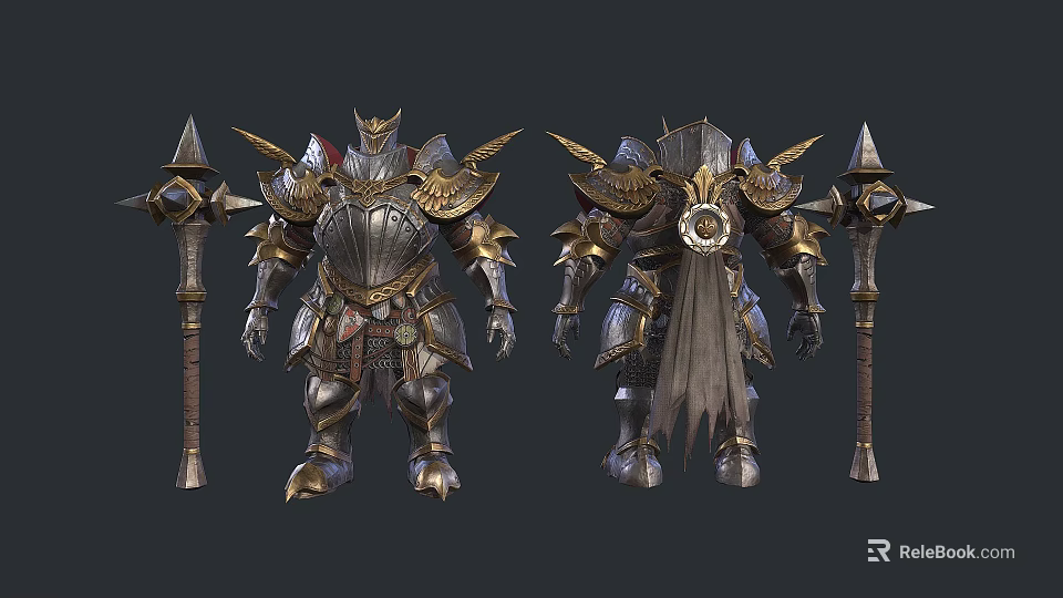 Man in Detailed Armor 3D Render Front Back Views Spiked Decor Cloak and Long Weapon 3d model 