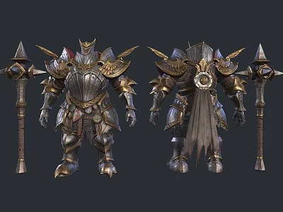 Man in Detailed Armor 3D Render Front Back Views Spiked Decor Cloak and Long Weapon 3d model