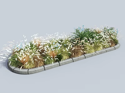 Diverse Shrubs In Long Garden Flower Bed With Ornamental Grasses And Concrete Stone Border 3d model