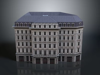 European Style Multi Story Building With Gray Roof Stone Facade And Multiple Windows 3d model