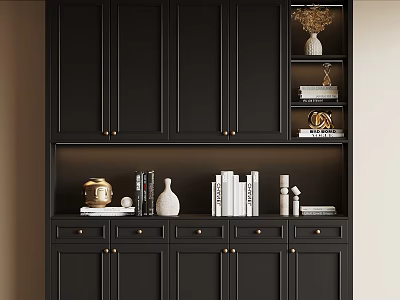 Modern Black Bookcase Design With Cabinets Drawers Open Shelves And Decorative Vases 3d model