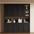 Modern Black Bookcase Design With Cabinets Drawers Open Shelves And Decorative Vases