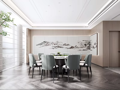 Elegant Modern Private Dining Room With Round Table And Landscape Painting 3d model