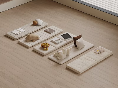 Traditional Japanese Tatami Room Layout With Soft Mats Pillows Fruit Tablet And Wooden Floor 3d model