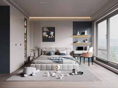 Modern Kids Room Interior with Bed Soft Rug Toys Desk Wall Art and Window Blinds 3d model