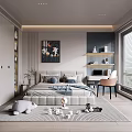Modern Kids Room Interior with Bed Soft Rug Toys Desk Wall Art and Window Blinds