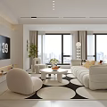 Modern Living And Dining Room Interior With White Sofa Round Coffee Table And Patterned Rug 3d model
