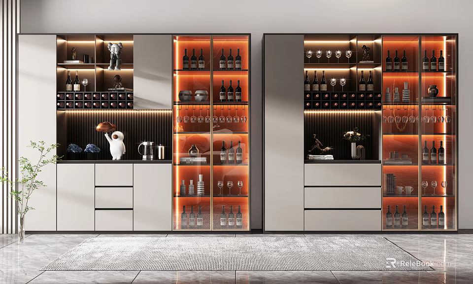 Modern Wine Cabinet With Glass Doors LED Lighting And Wine Glass Storage 3d model 