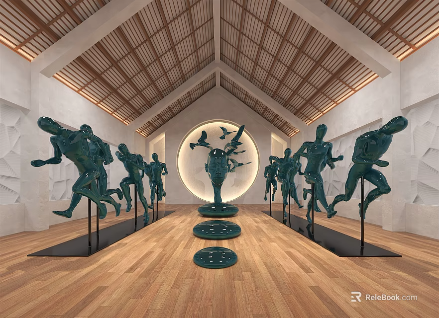 Interior With Bronze Running Figure Sculptures Central Circular Art And Wooden Ceiling 3d model 