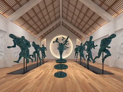 Interior With Bronze Running Figure Sculptures Central Circular Art And Wooden Ceiling 3d model