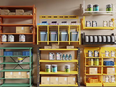Various Colored Display Shelves With Cans Boxes Bottles And Neat Storage Organization 3d model