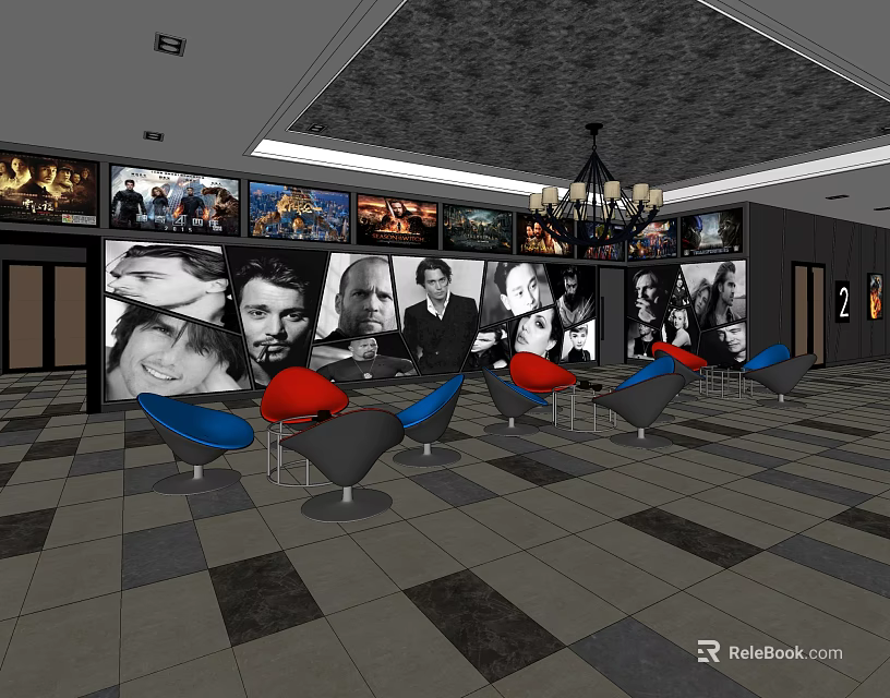 Cinema Lounge Area With Movie Posters Colorful Seats Chandelier And Tiled Floor 3d model 