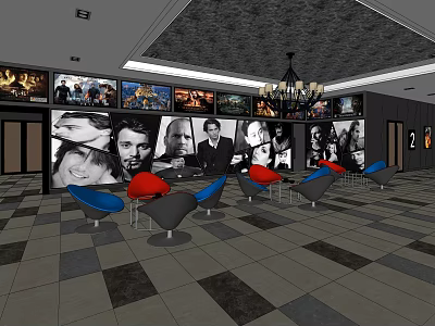 Cinema Lounge Area With Movie Posters Colorful Seats Chandelier And Tiled Floor 3d model