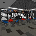 Cinema Lounge Area With Movie Posters Colorful Seats Chandelier And Tiled Floor