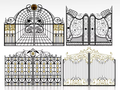 Ornate Wrought Iron Entrance Gates With Arched Tops Intricate Patterns And Gold Accents 3d model